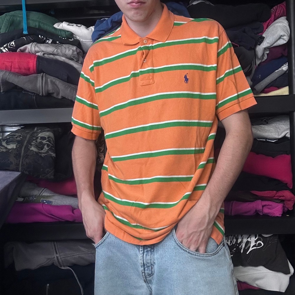 Vintage Polo Ralph Lauren Striped Polo Shirt Orange Green Y2K Skater Mens Large